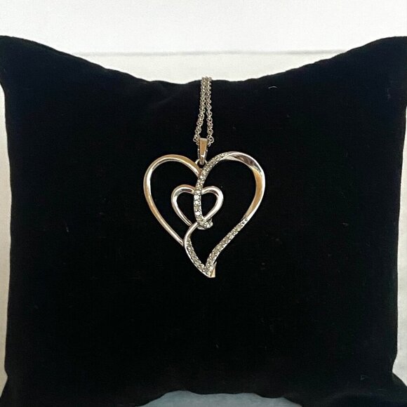 Sterling Silver 925 0.15 CTTW Diamond Heart In Heart Pendant Necklace 18" Chain - Picture 5 of 16